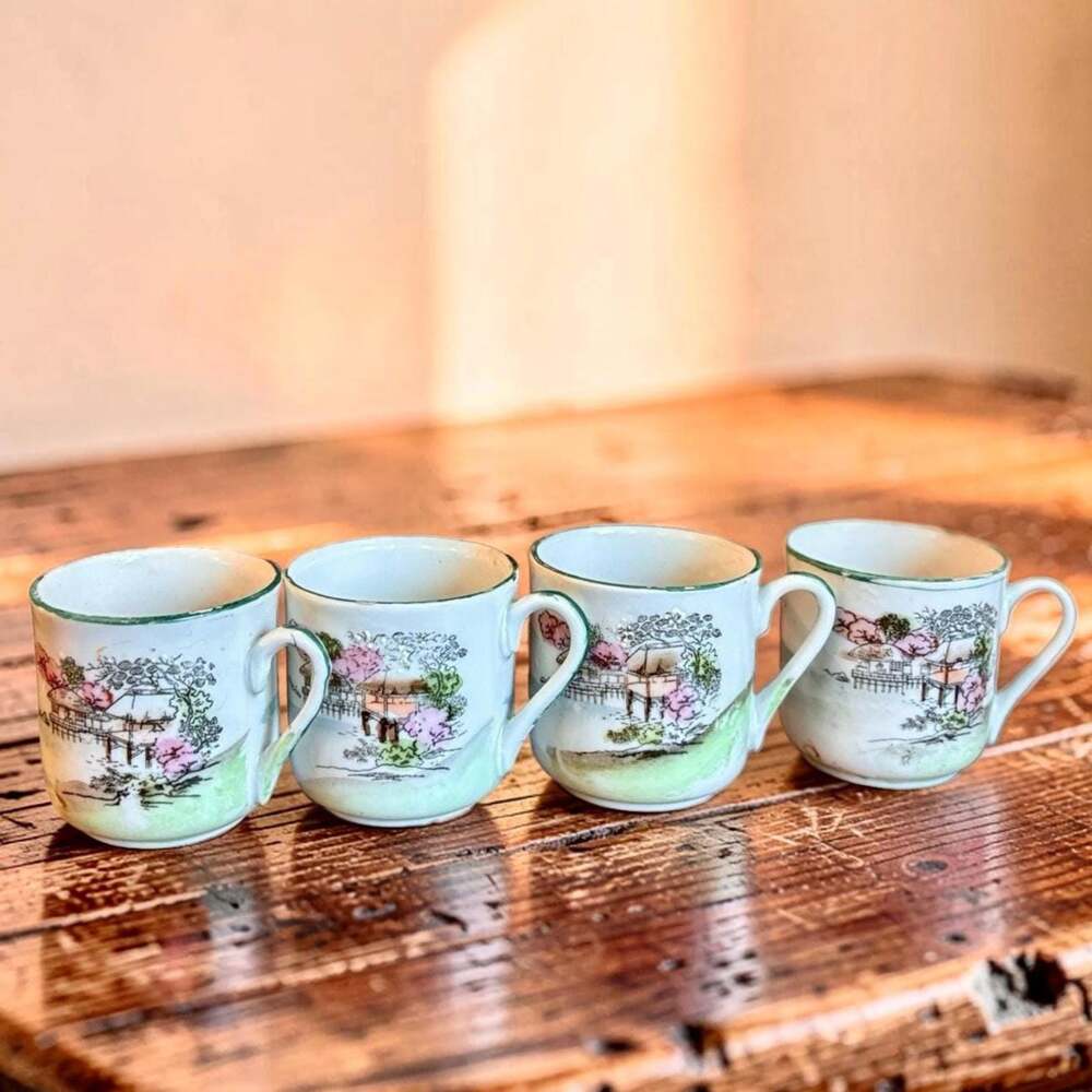 Vintage Japanese Tea Cups Set of 4 Hand Painted Porcelain | Made in Japan